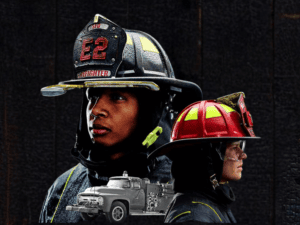 Firefighters wearing the MSA Cairns fire helmets