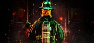 Firefighter in full structural turnout gear with an MSA SCBA.